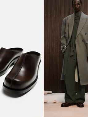 Zara x Nanushka Leather Mules Clogs Slip On Flat Shoes Brown Mens 7 Minimalist